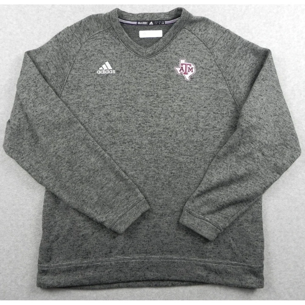 Texas A&M Aggies Sweater Mens Large Adidas Pullover V-Neck Logo Gray Long Sleeve